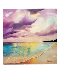 A calming waterscape painting depicting peaceful blue waters and a tranquil atmosphere