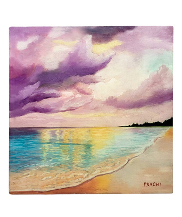 A calming waterscape painting depicting peaceful blue waters and a tranquil atmosphere