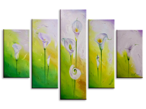 whispers-of-calla-lilies-painting Five-panel painting of soft white calla lilies on green and yellow abstract backgrounds