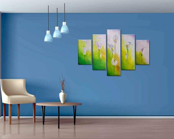Elegant living room interior realistic vector mock Five-panel painting of soft white calla lilies on green and yellow abstract backgrounds