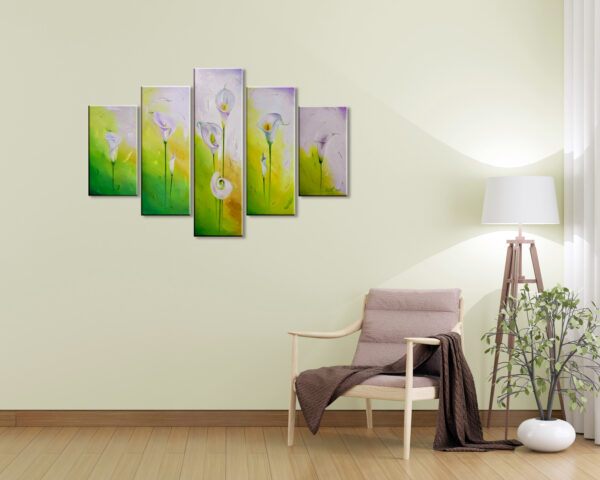 Elegant living room interior realistic vector mock Five-panel painting of soft white calla lilies on green and yellow abstract backgrounds