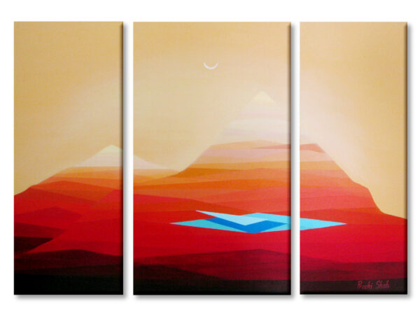 desert-tranquility-painting Abstract desert landscape triptych painting with layered red dunes, soft golden sky, and a blue geometric oasis at the center