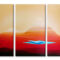 desert-tranquility-painting Abstract desert landscape triptych painting with layered red dunes, soft golden sky, and a blue geometric oasis at the center