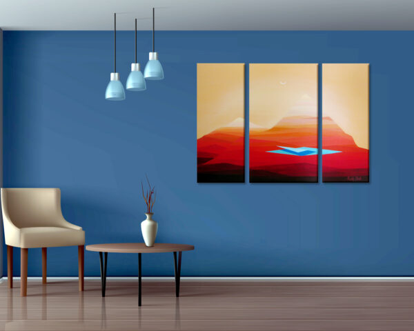 Elegant living room interior realistic vector mock Abstract desert landscape triptych painting with layered red dunes, soft golden sky, and a blue geometric oasis at the center