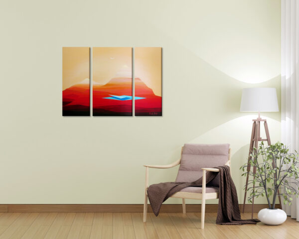 Elegant living room interior realistic vector mock Abstract desert landscape triptych painting with layered red dunes, soft golden sky, and a blue geometric oasis at the center