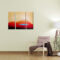 Elegant living room interior realistic vector mock Abstract desert landscape triptych painting with layered red dunes, soft golden sky, and a blue geometric oasis at the center