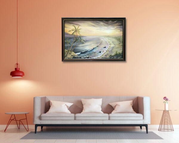 A peaceful shoreline painting with soft waves symbolizing grounding and divinity