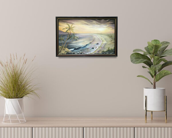A peaceful shoreline painting with soft waves symbolizing grounding and divinity