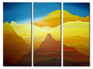 Abstract desert landscape triptych with layered golden dunes, warm earthy tones, and a blue sky