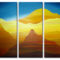 Abstract desert landscape triptych with layered golden dunes, warm earthy tones, and a blue sky