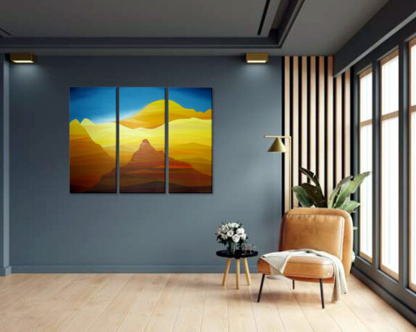 Abstract desert landscape triptych with layered golden dunes, warm earthy tones, and a blue sky