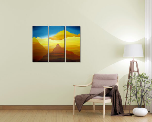 Abstract desert landscape triptych with layered golden dunes, warm earthy tones, and a blue sky