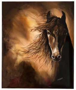 Dramatic painting of a horse’s head with flowing mane against a warm, abstract background