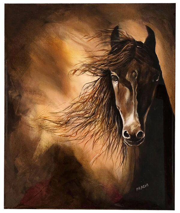 Dramatic painting of a horse’s head with flowing mane against a warm, abstract background