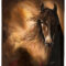 Dramatic painting of a horse’s head with flowing mane against a warm, abstract background