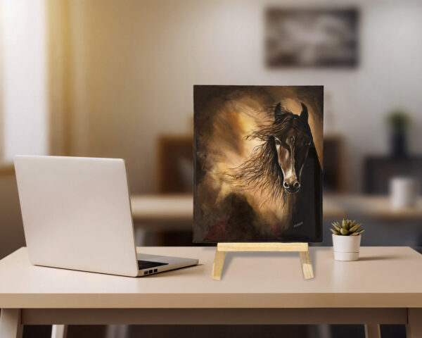 Dramatic painting of a horse’s head with flowing mane against a warm, abstract background