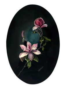 A black-themed magnolia flower painting representing elegance and inner strength