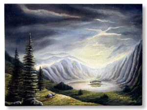 Landscape painting of a serene lake surrounded by tall mountains and pine trees under a glowing dawn sky.