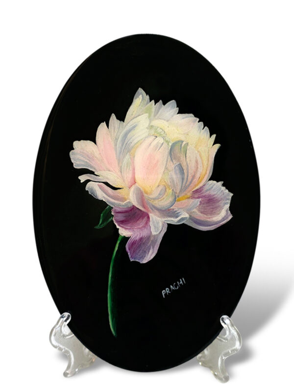 A rich peony flower painting symbolizing health, prosperity, and a long happy life on stand