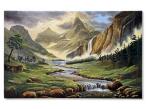 Landscape painting of a mountain valley with a flowing river, tall peaks, lush greenery, and a dramatic waterfall under a glowing sky