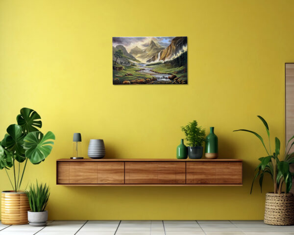 Landscape painting of a mountain valley with a flowing river, tall peaks, lush greenery, and a dramatic waterfall under a glowing sky