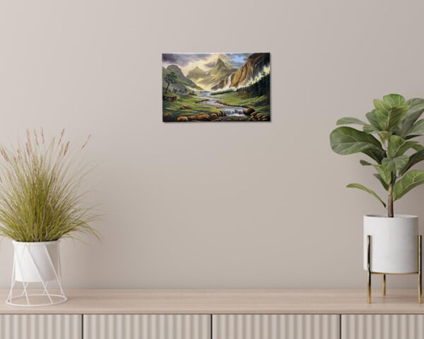 Landscape painting of a mountain valley with a flowing river, tall peaks, lush greenery, and a dramatic waterfall under a glowing sky