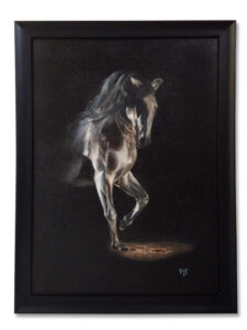 Painting of a black horse illuminated against a dark background, captured mid-stride with dramatic lighting and flowing mane.