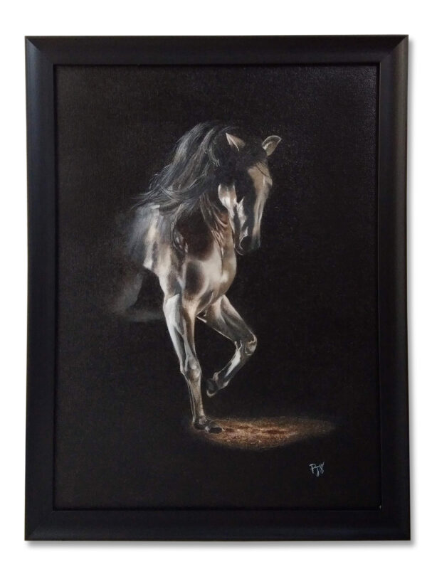 Painting of a black horse illuminated against a dark background, captured mid-stride with dramatic lighting and flowing mane.