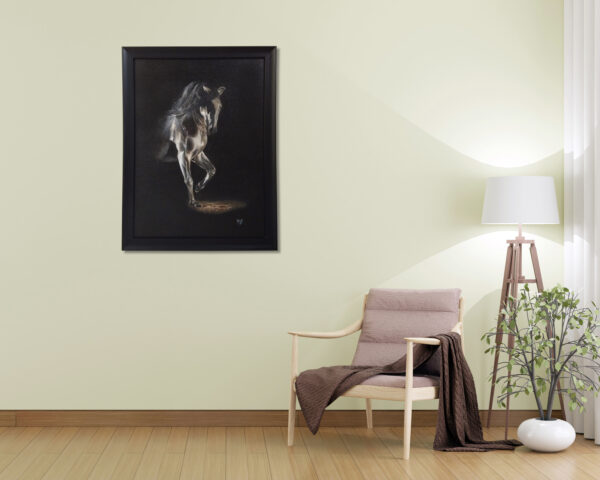 Painting of a black horse illuminated against a dark background, captured mid-stride with dramatic lighting and flowing mane.