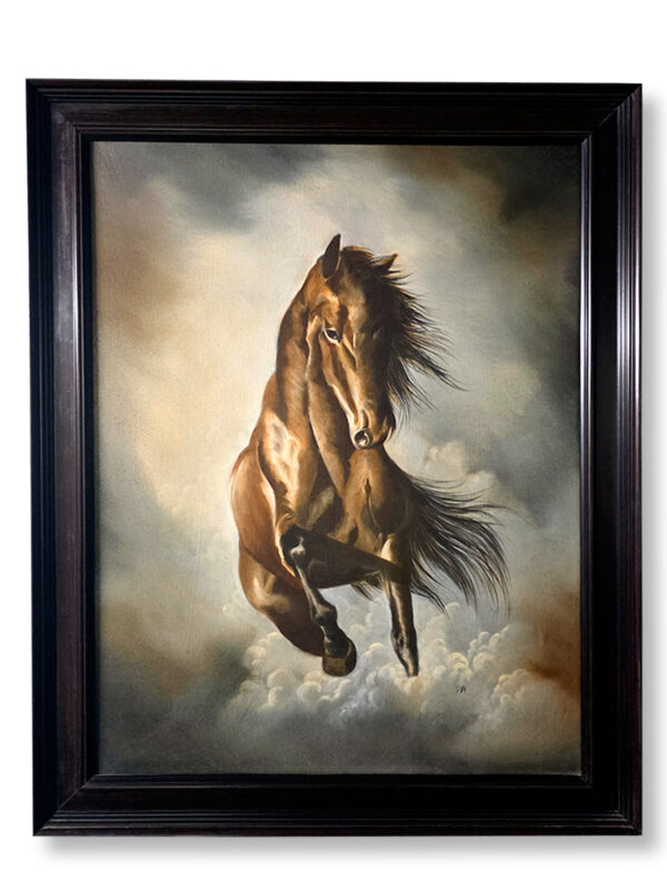 spirit-of-the-stallion-painting-for-office Realistic painting of a powerful brown horse galloping through clouds with dramatic lighting