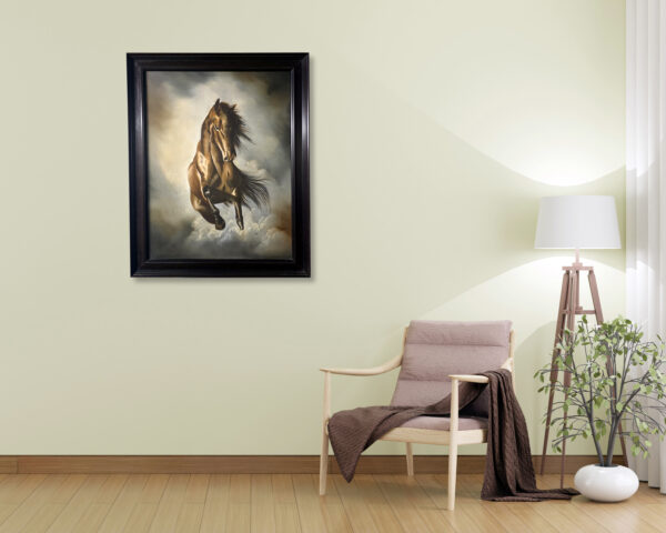 spirit-of-the-stallion-painting-for-office-bg Realistic painting of a powerful brown horse galloping through clouds with dramatic lighting