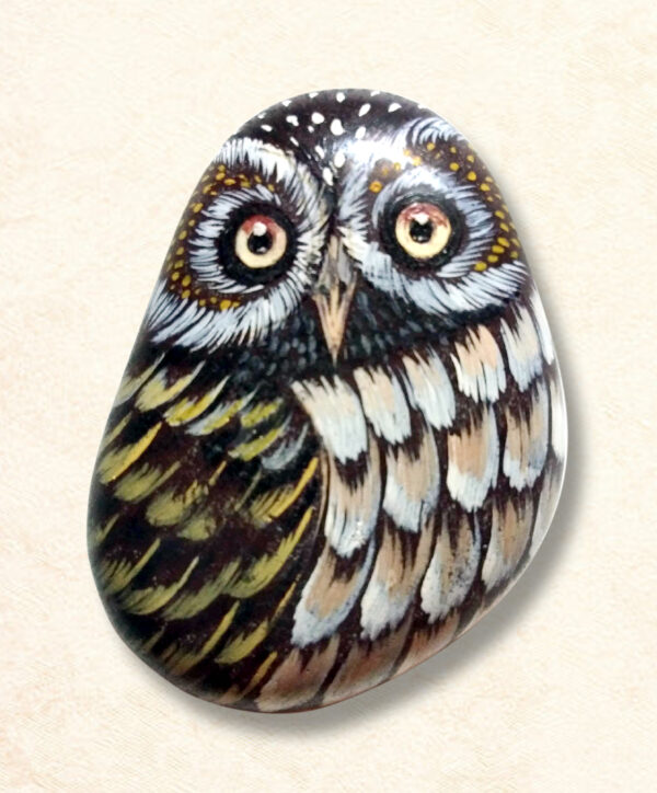 Hand-painted stone paperweight of an owl named Stone Sentry, symbolizing strength and protection with its sharp, lifelike gaze