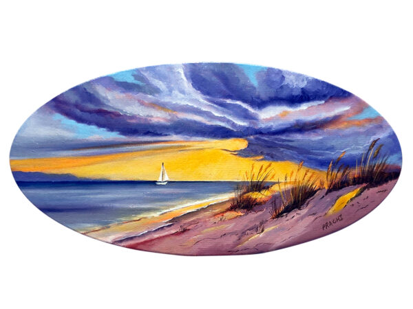 A warm sunset painting with a sailboat symbolizing closure, peace, and fulfillment