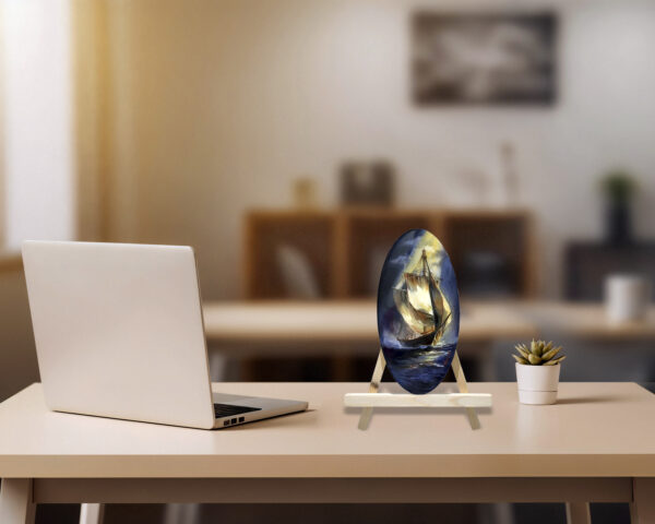 Dramatic painting of a horse’s head with flowing mane against a warm, abstract background